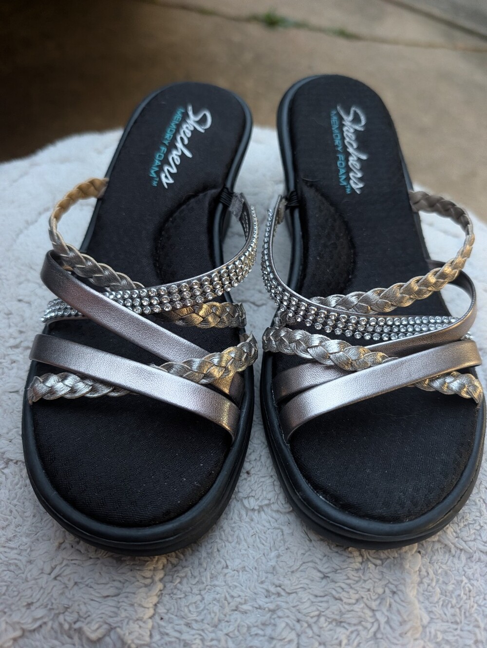 Skechers Women's Metallic Silver Braided Crystal Strap Slide Sandals